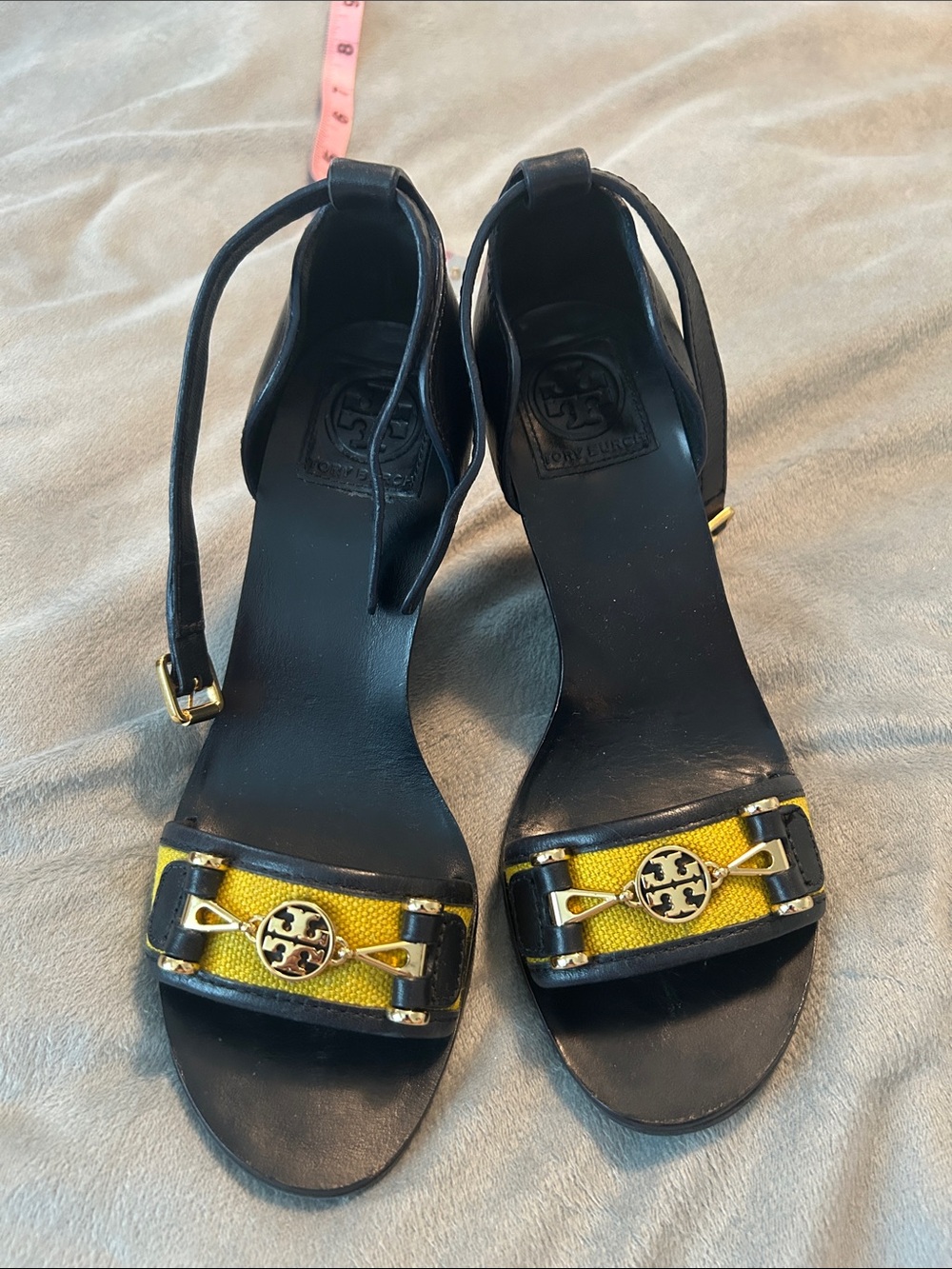 Tory Burch Navy wedges with Yellow Front Accent and Gold Logo